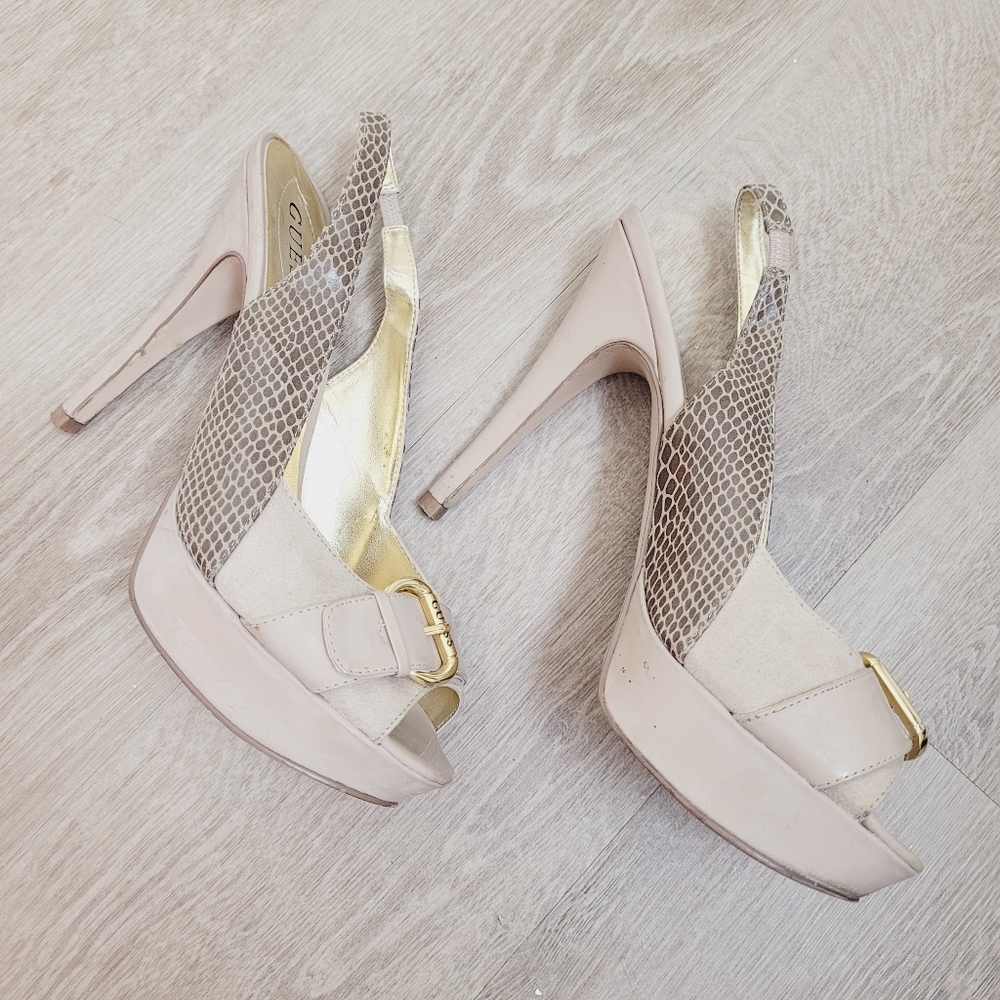 Guess | Nude Snakeskin Peep Toe Slingback Heels